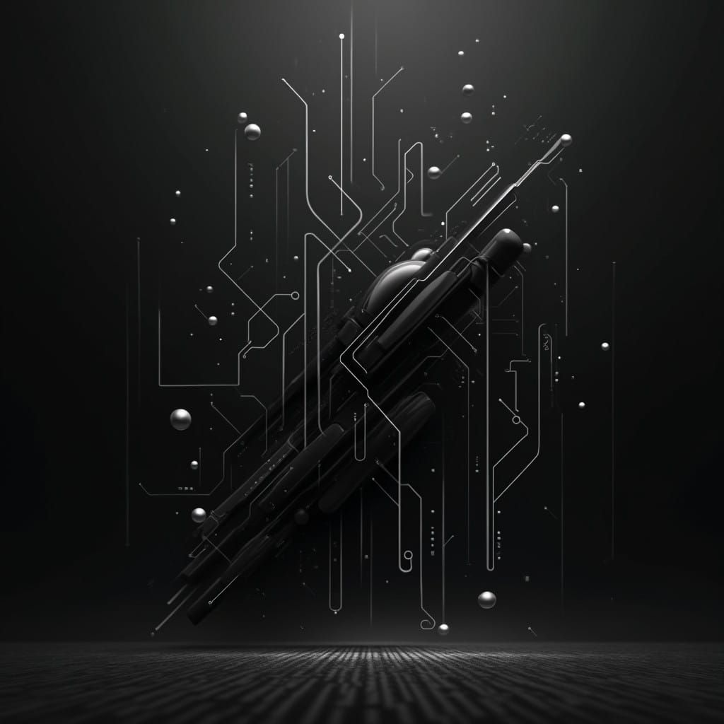 Modern Futuristic Grayscale Artwork with Geometric Circuitry