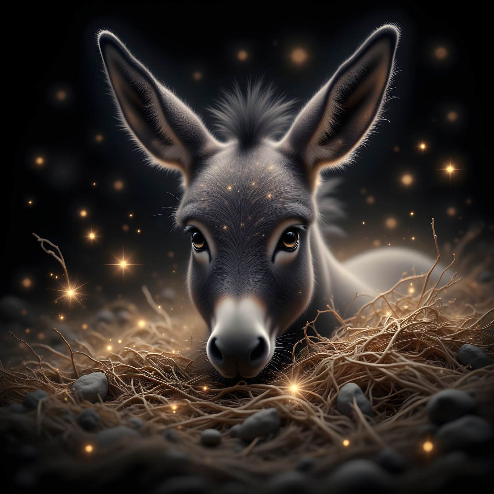 Cute Baby Donkey Resting with Fireflies
