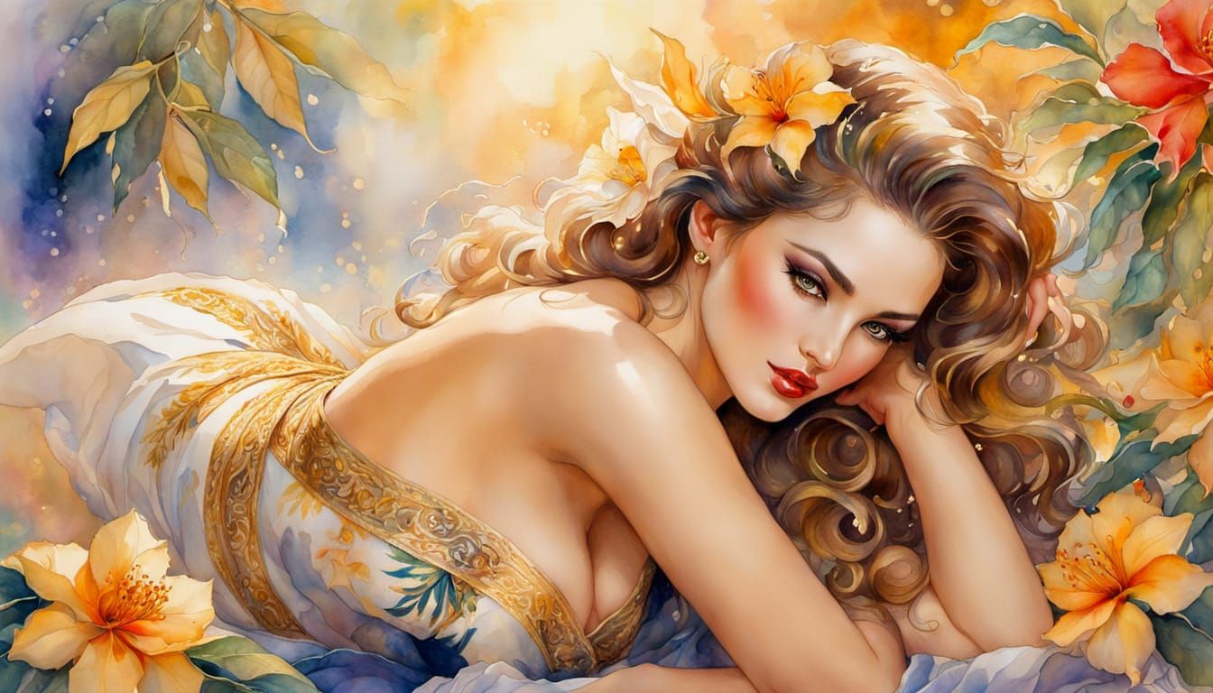 Exotic Aphrodite in Vibrant Floral Watercolor
