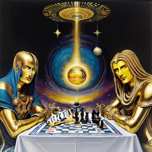 Cosmic Chess Game in Oil Painting Style