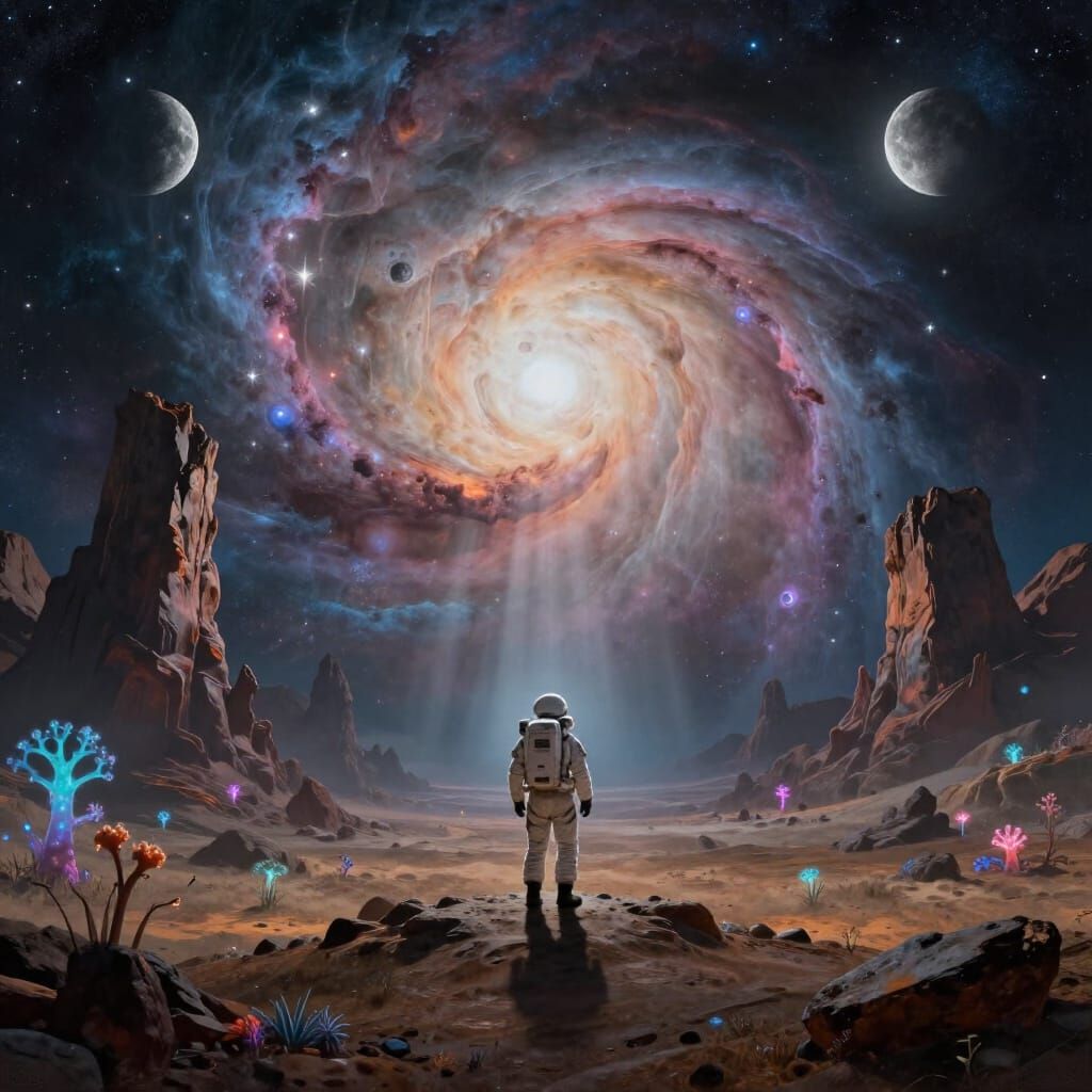 Astronaut on Alien Planet Gazing at Cosmic Nebula