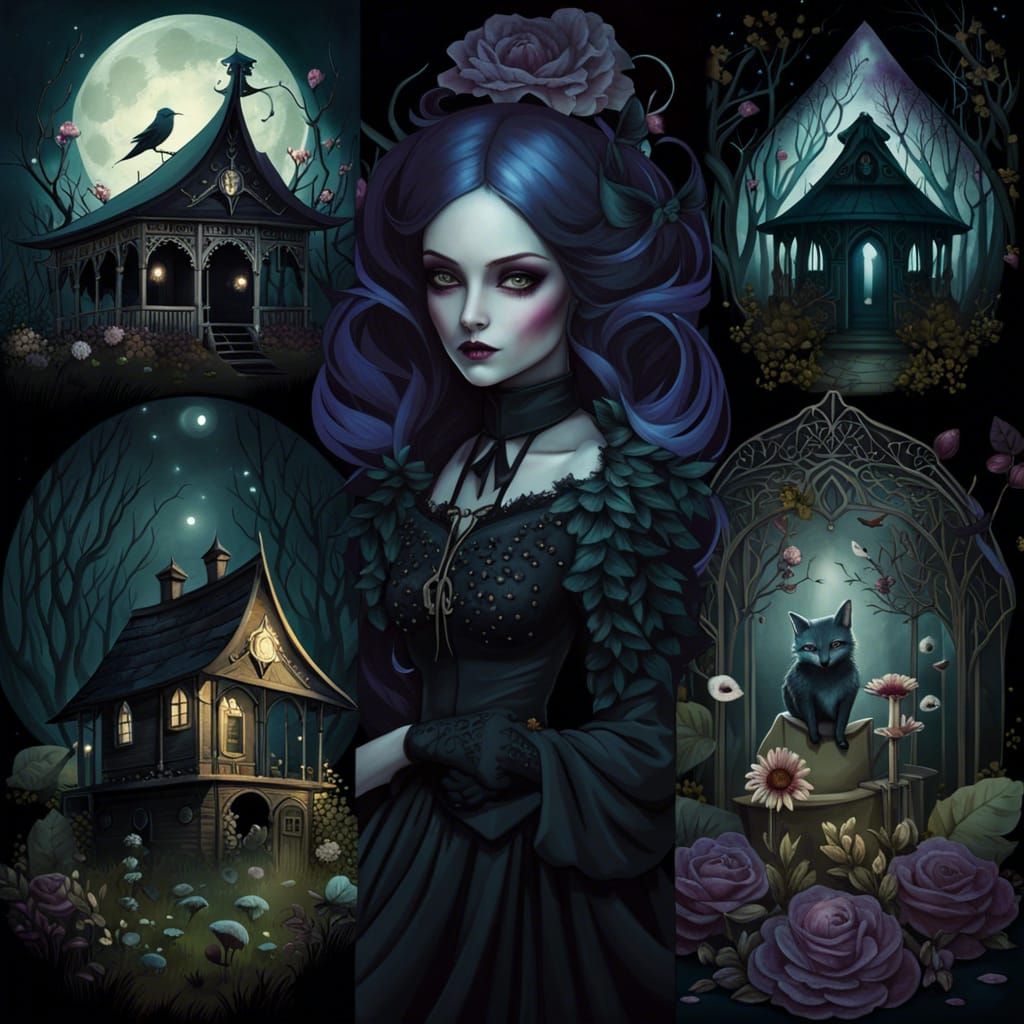 Gothic Collage of Nightshade Garden by Moonlight