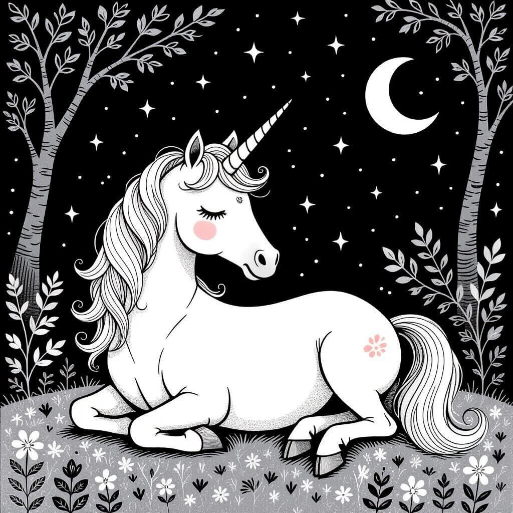 Serene Unicorn Black and White Line Art
