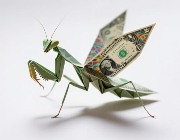 Origami Praying Mantis Made of Dollar Bills