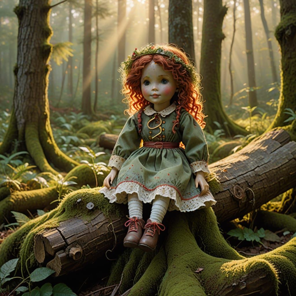 Whimsical Raggedy Annie in a Dreamy Forest Glade