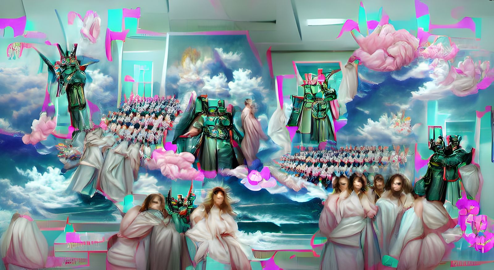 Yahweh Elohim Jehovah sending his army of angels to rebuild heaven and sanctify a new reality vaporwave fantasy baroque ...