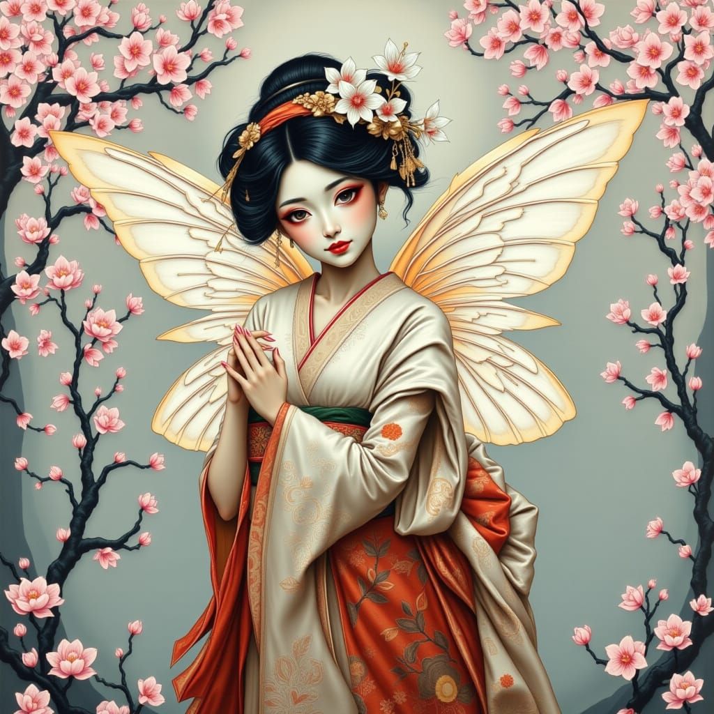 Delicate Fairy Geisha with Cherry Blossoms