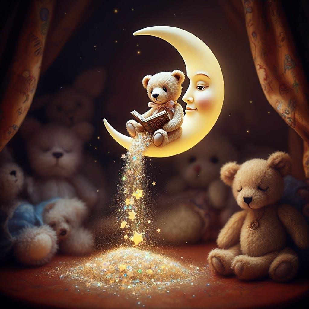 Whimsical Bear on Crescent Moon
