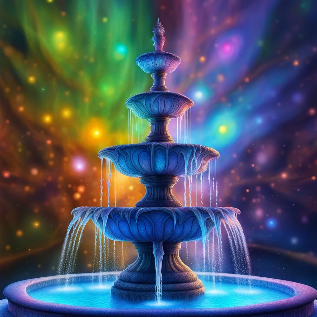 Magical Water Fountain: Holographic Cosmic Illustration