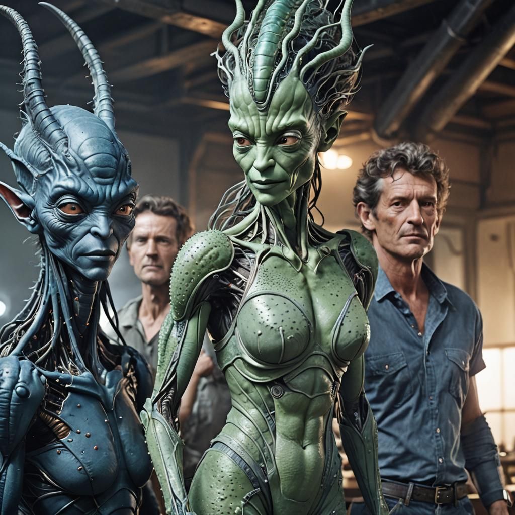 Smiling Aliens Party: Hyperrealistic Future Photography