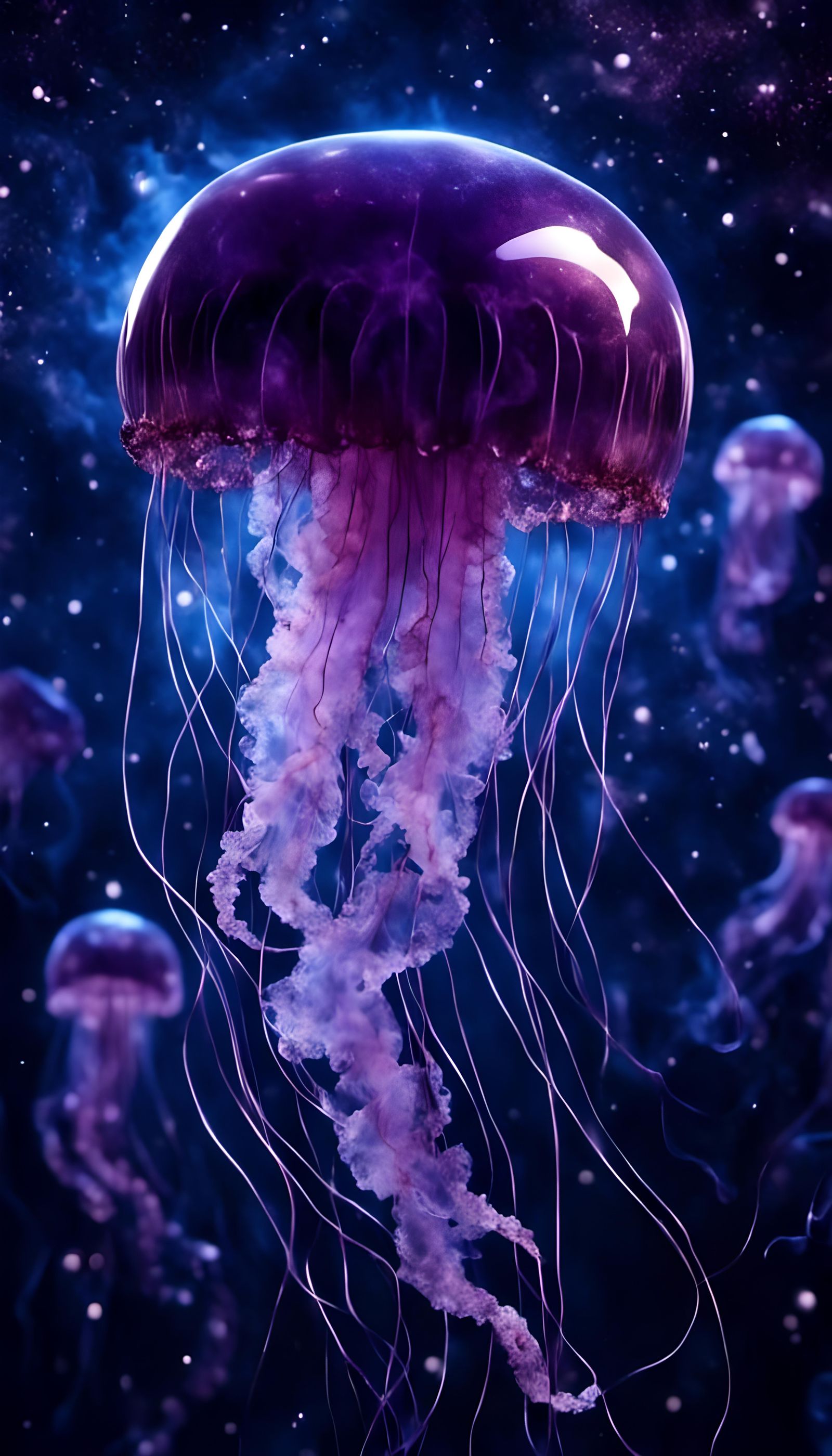 Minimalist Jellyfish Silhouettes in Space with Bioluminescen...
