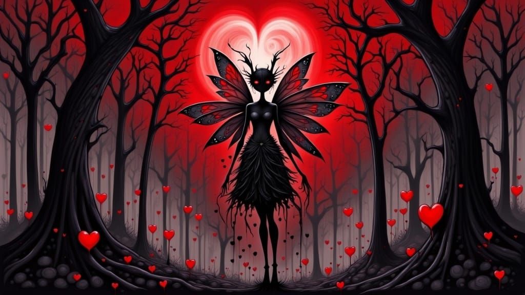 Enchanting Gothic Fae Fairy in Red and Black Valentine Fores...