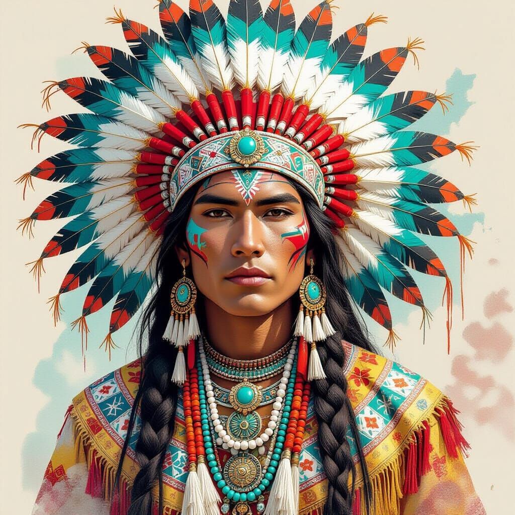 A vibrant mixed-media artwork showcasing an iconic indigenou...