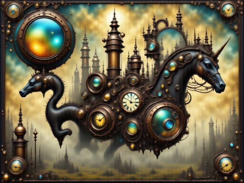 Steampunk Princess on Flying Unicorn Confronts Mechanical Dr...