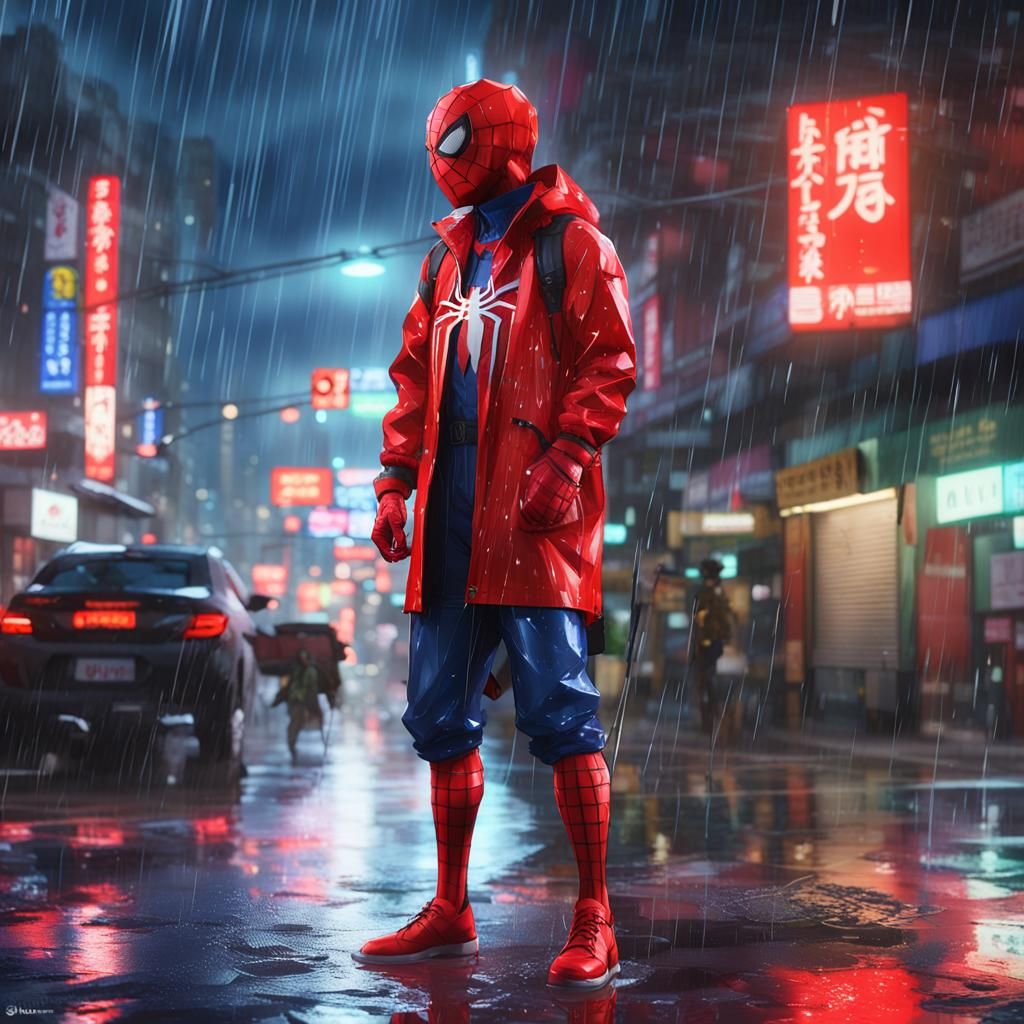 Spiderman in Neon Raincoat: Anime-Inspired 3D Art