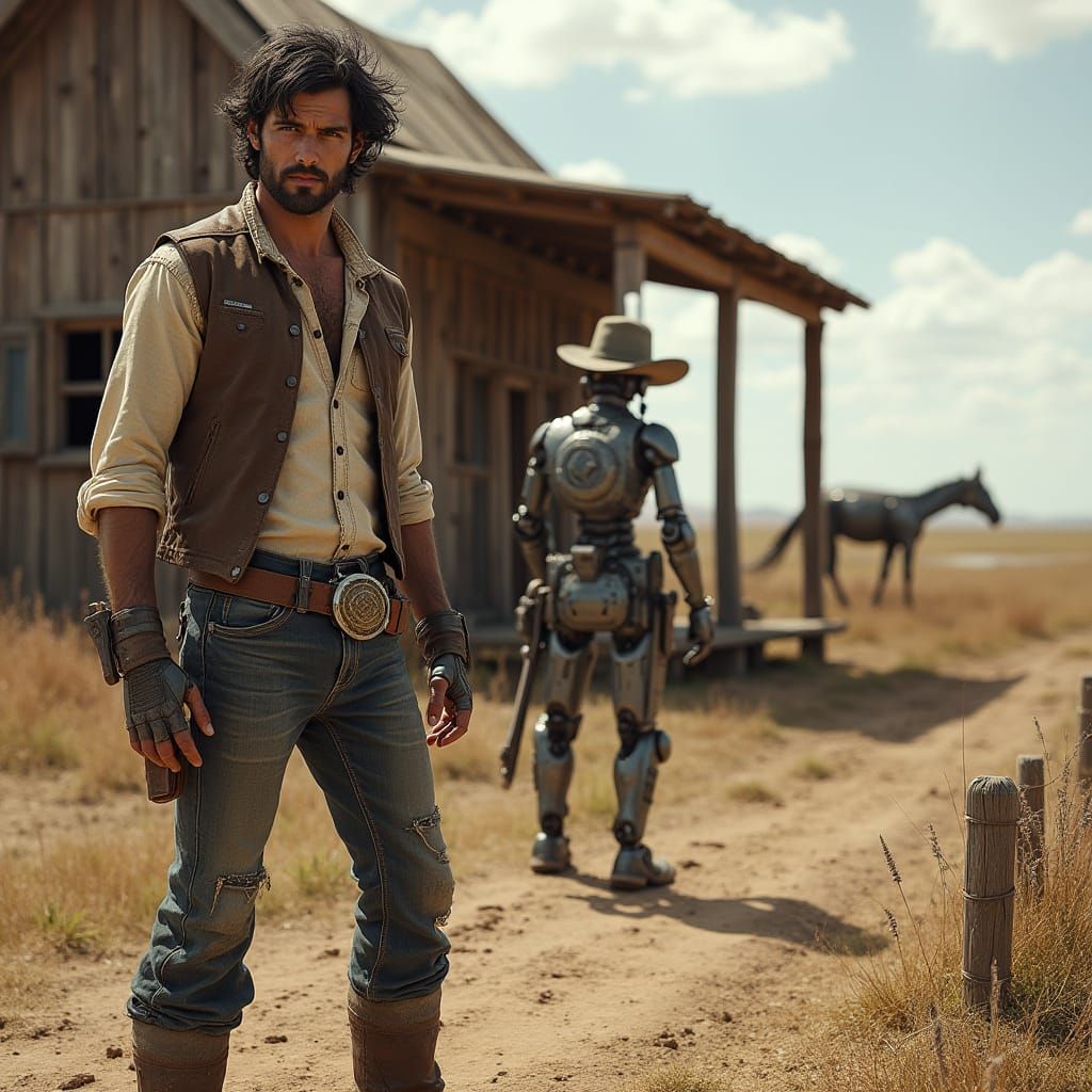 Gritty Badlands Outlaw Surrounded by Robot Companions and Sc...