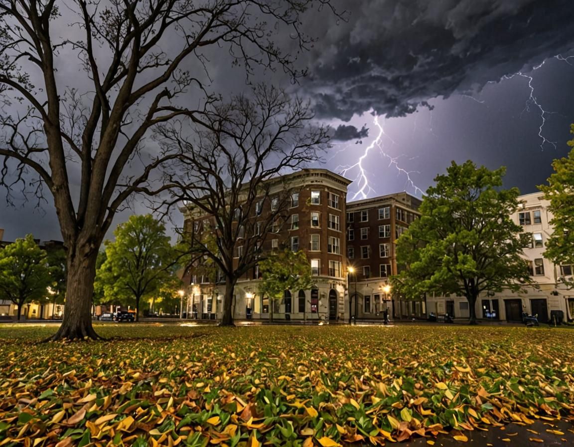 Stormy Scene with Lightning and Swirling Leaves