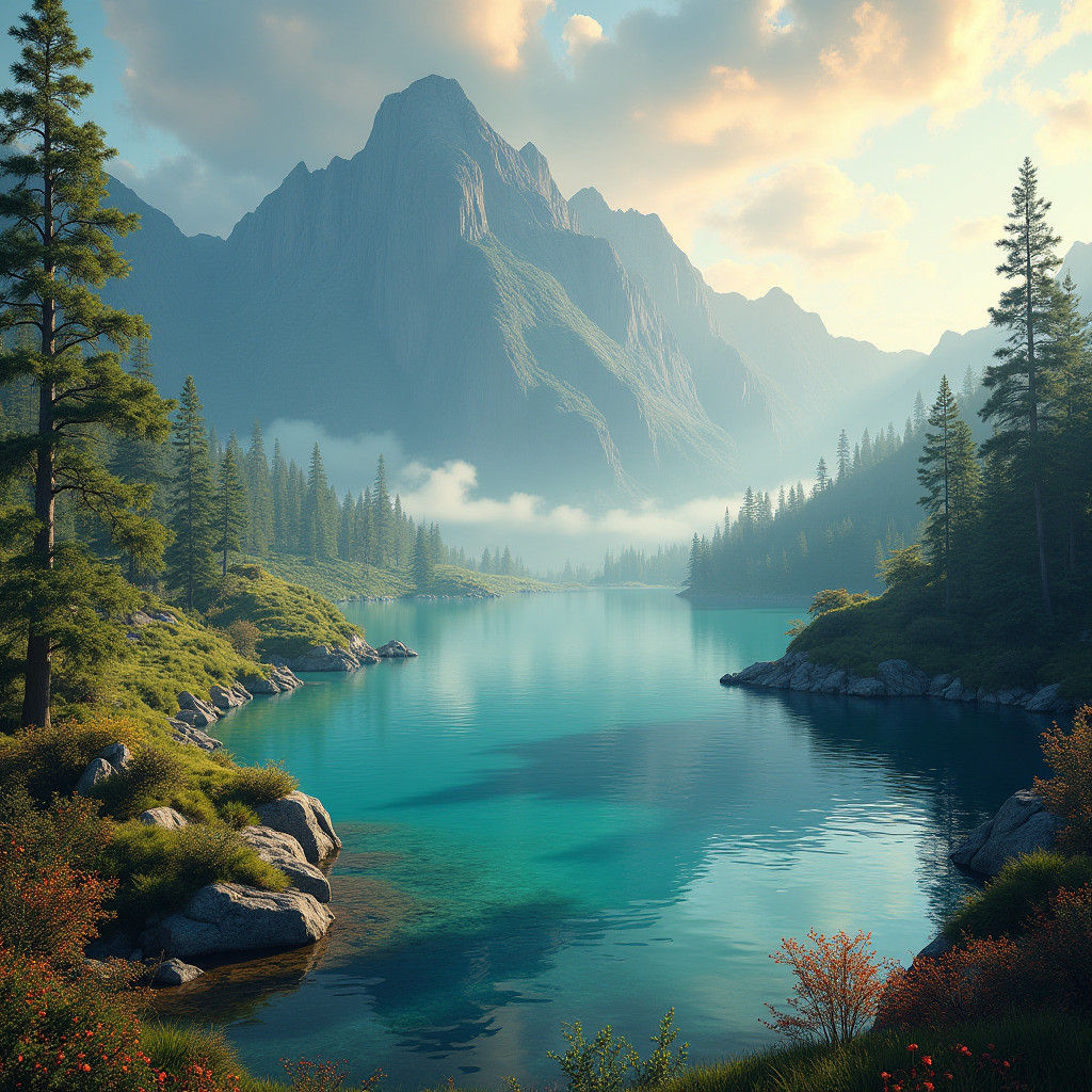 Majestic Mountain Lake: Fantasy Matte Painting