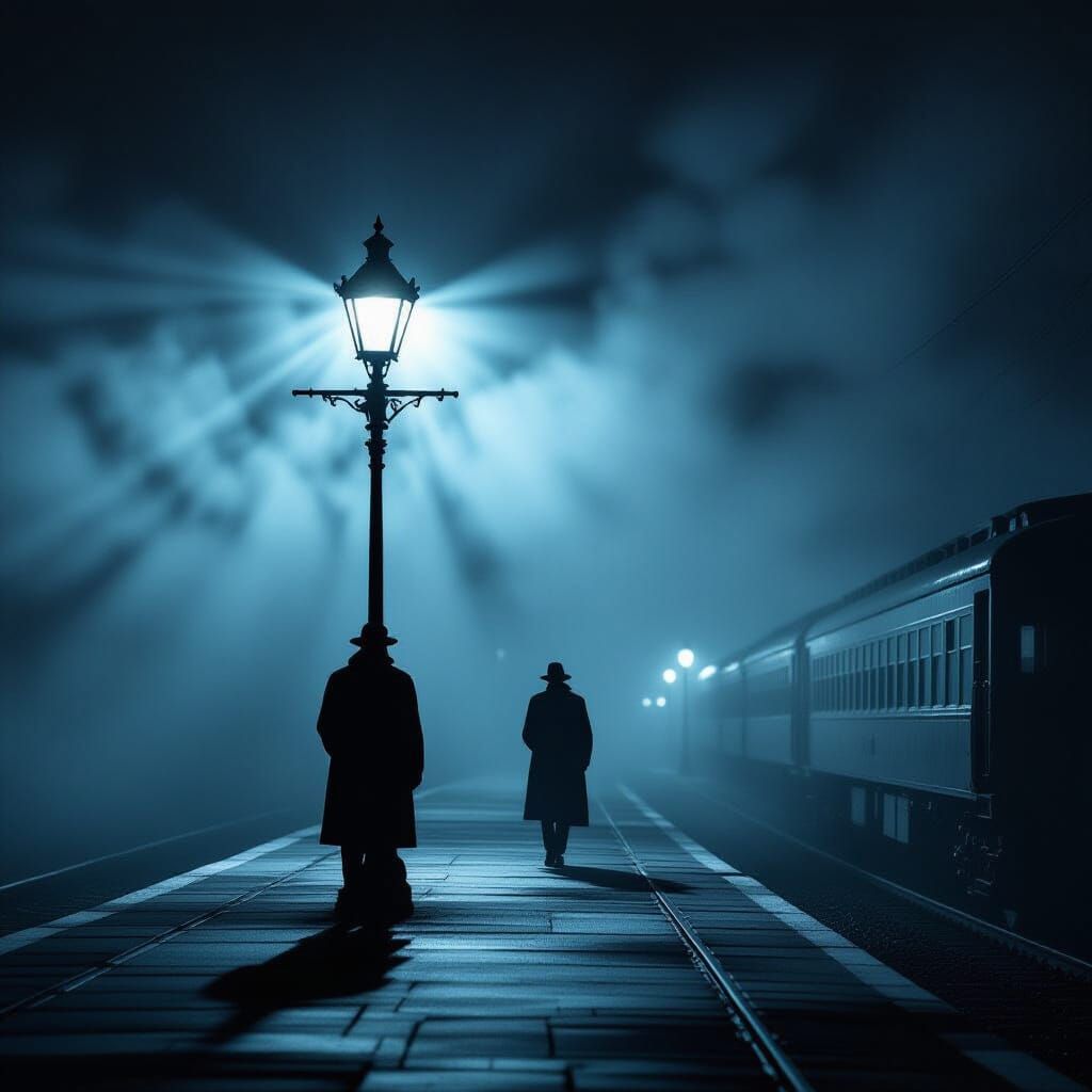 Midnight Train Platform Mist in Film Noir Style