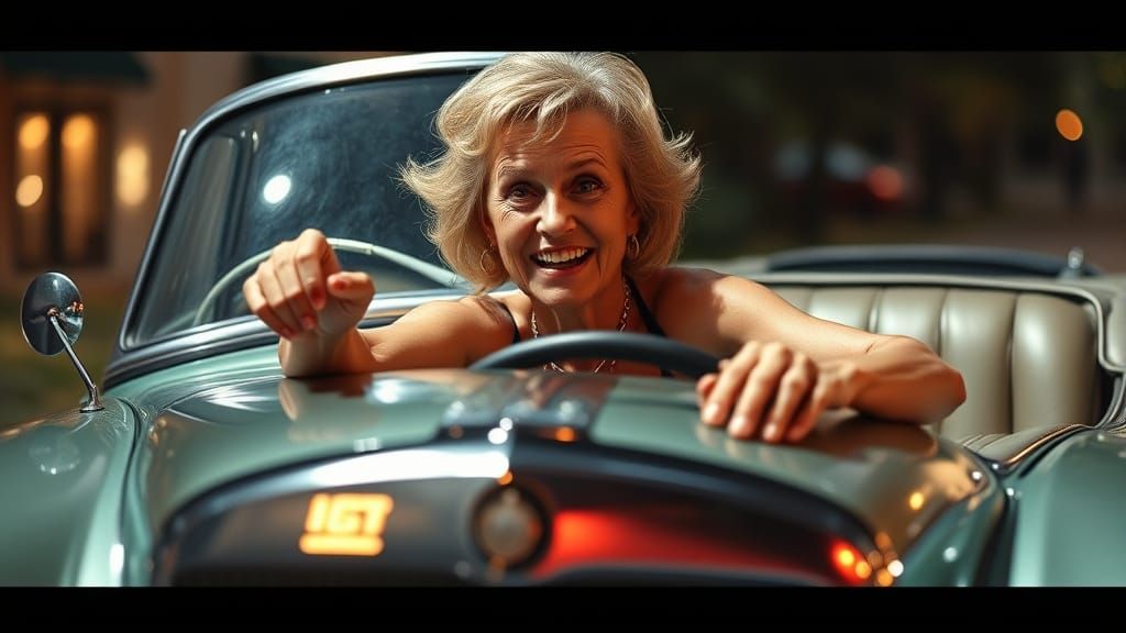 Rebellious Senior Lady in a Vintage Car