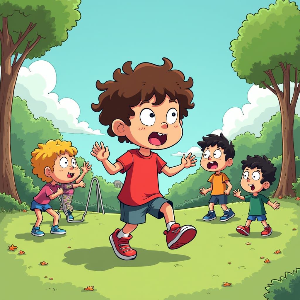 Cartoon Tommy Plays Outside in Adventure Time Style