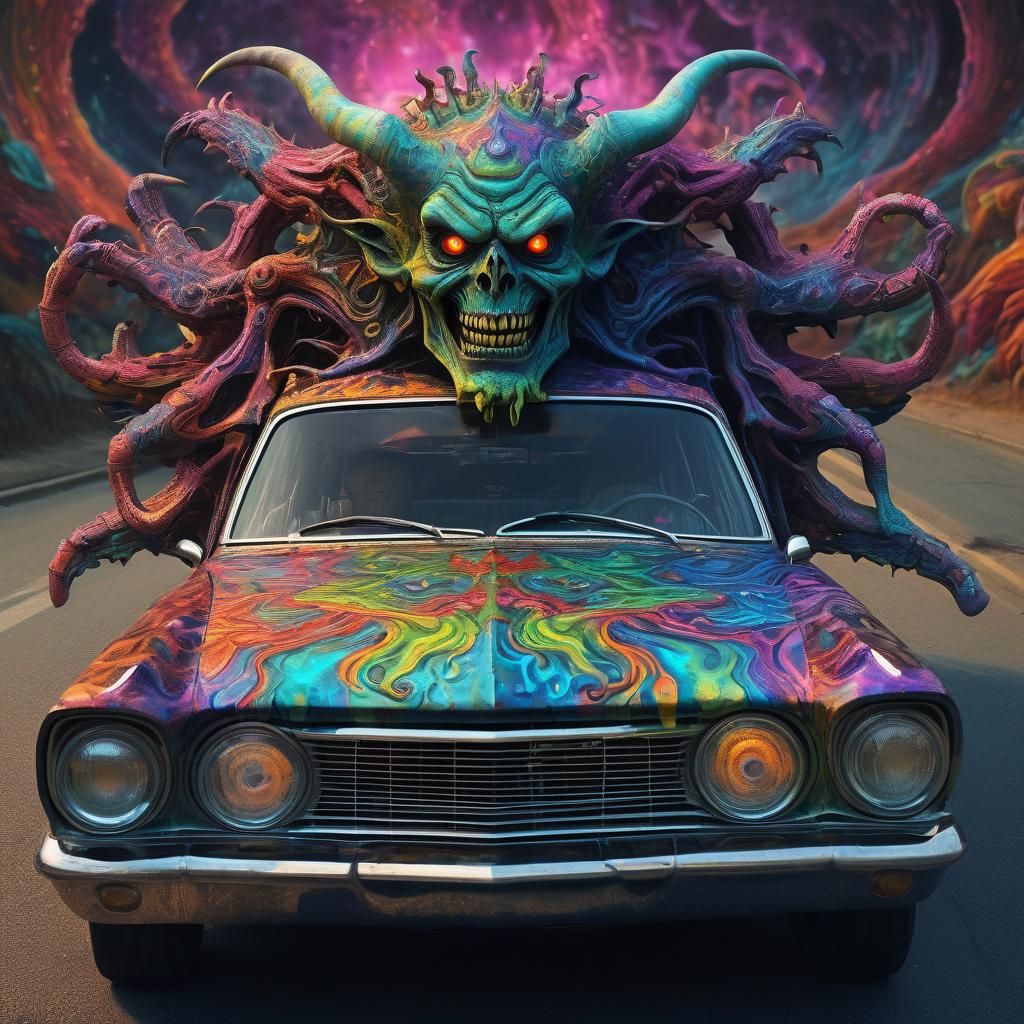 Weird Psychedelic Demon Car in Massurrealism Style