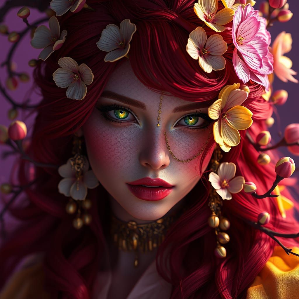Almond Blossom Queen with Red Hair and Green Eyes