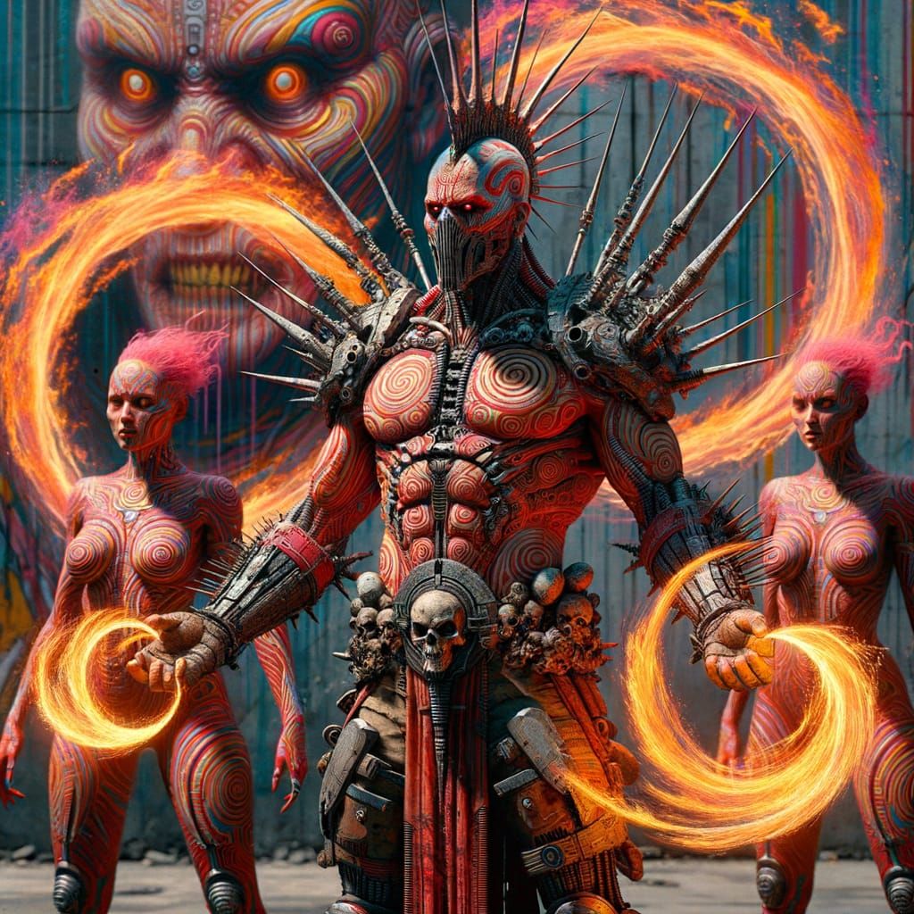 Hyper-Real Post-Apocalyptic Warlord in Futuristic Tribal Arm...