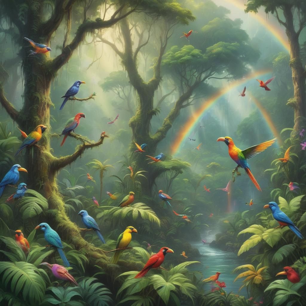 Rainbow Birds in Lush Rainforest, Ethereal Painting