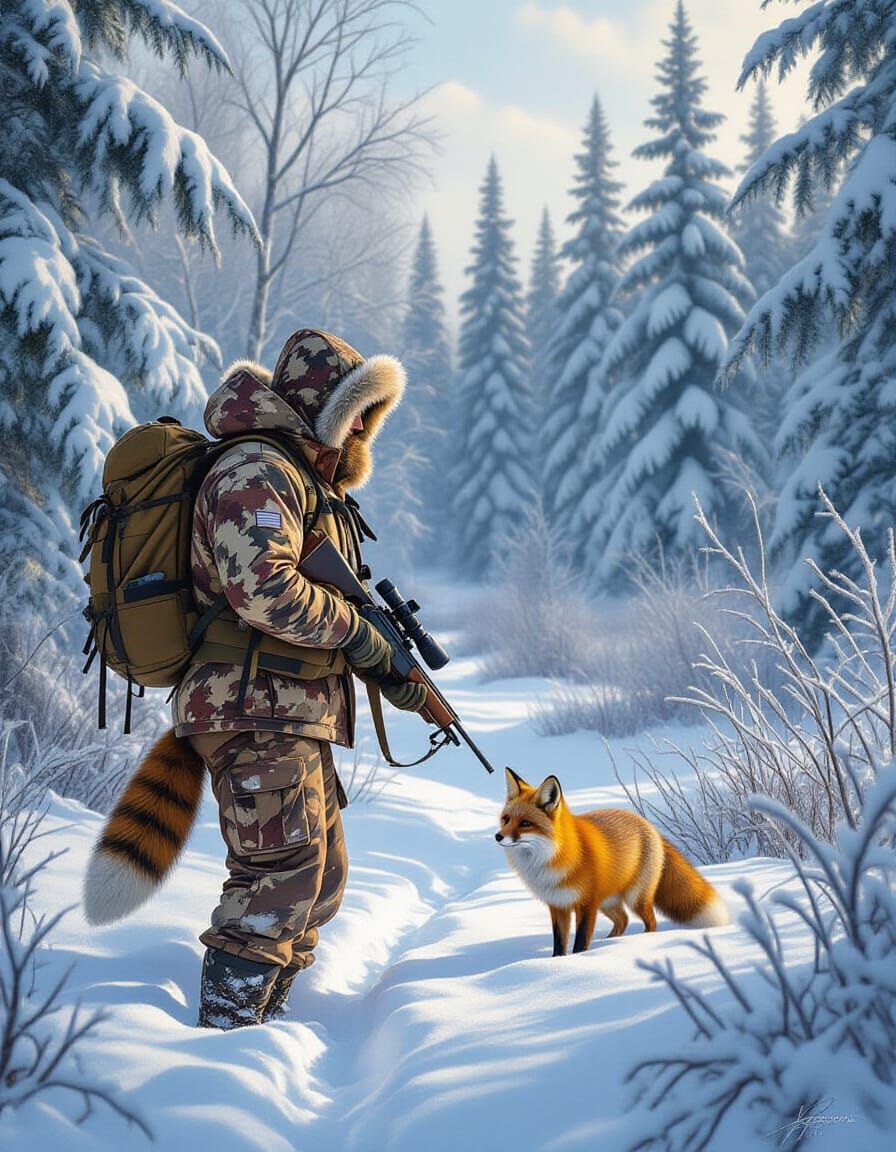 Hunter Tracking Foxes in Snowy Canadian Forest
