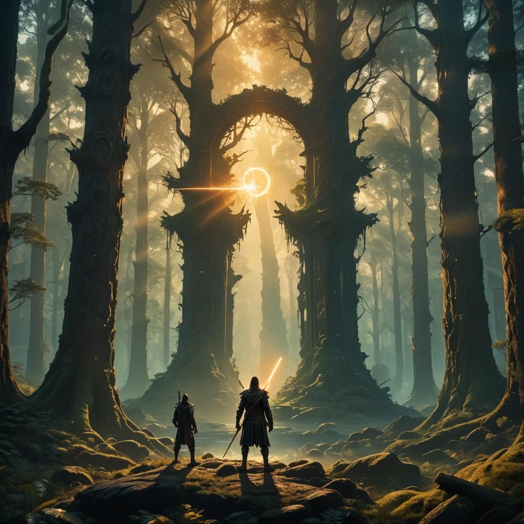Warrior at Mystical Forest Portal: Fantasy Concept Art