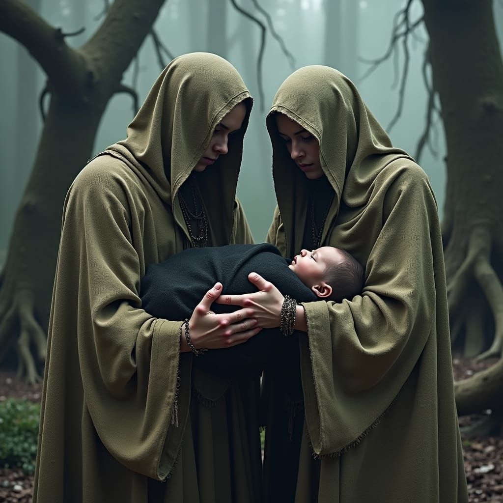 Mystical Women in Forest Cradle Baby in Dark Realism