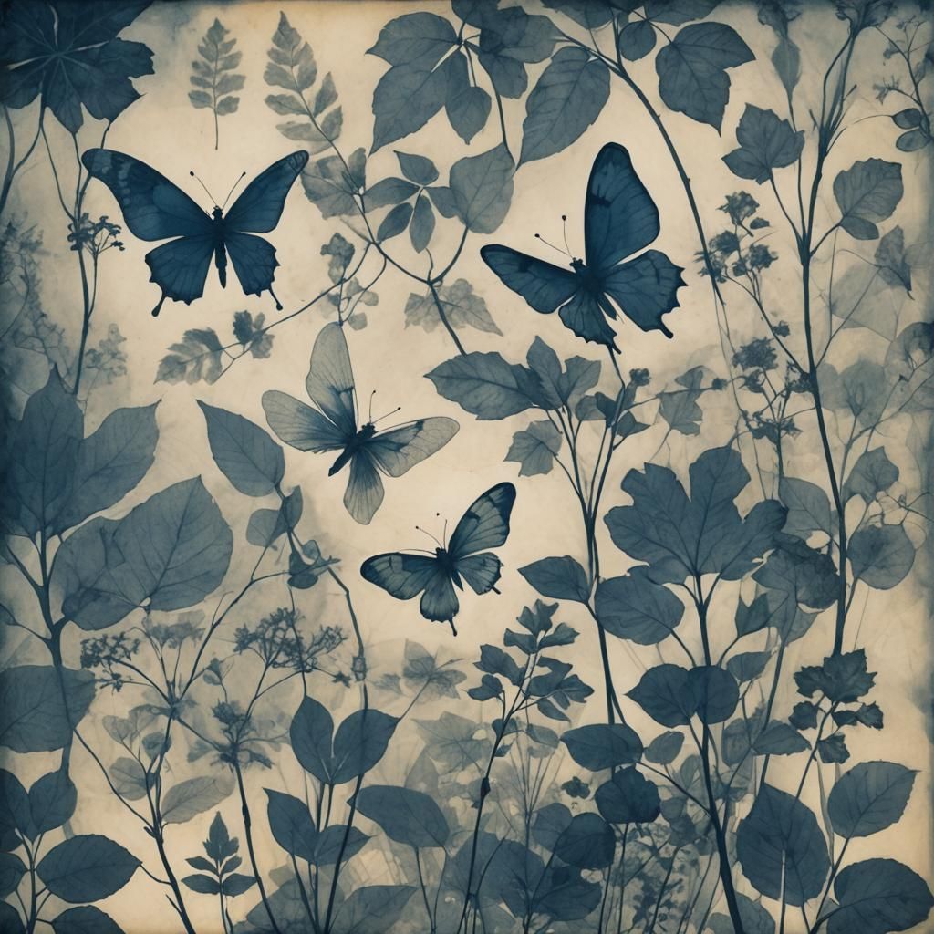 Ethereal Cyanotype Landscape with Pressed Fairies