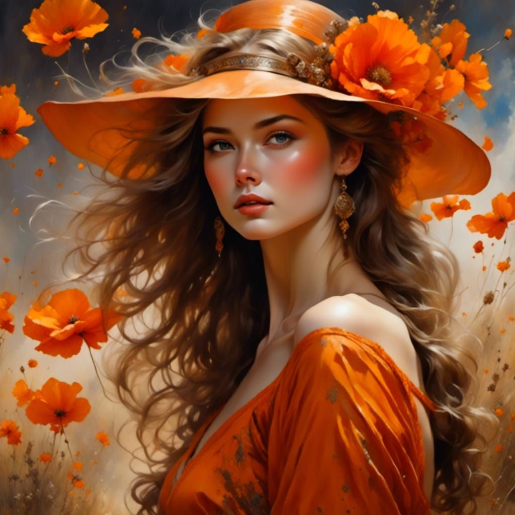 Woman with Poppies in Expressive Portrait Style