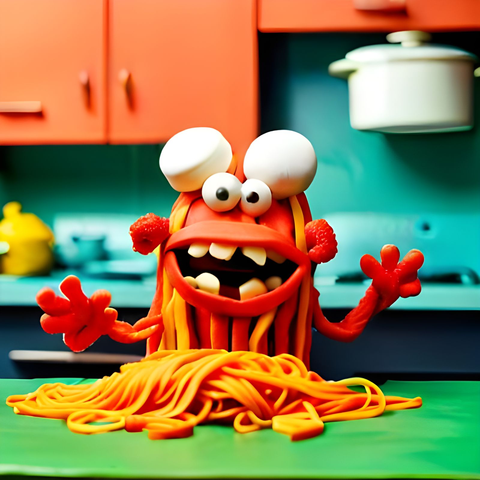 Claymation Spaghetti Monster in Kitchen