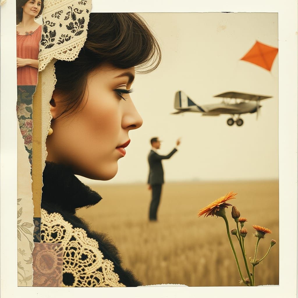 Vintage Collage of Kite, Flowers, and Lace
