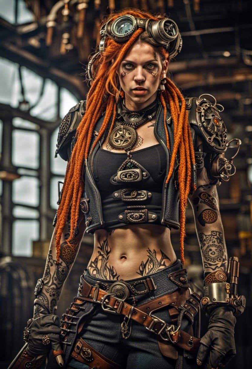 Steampunk Girl Warrior with Orange Dreads