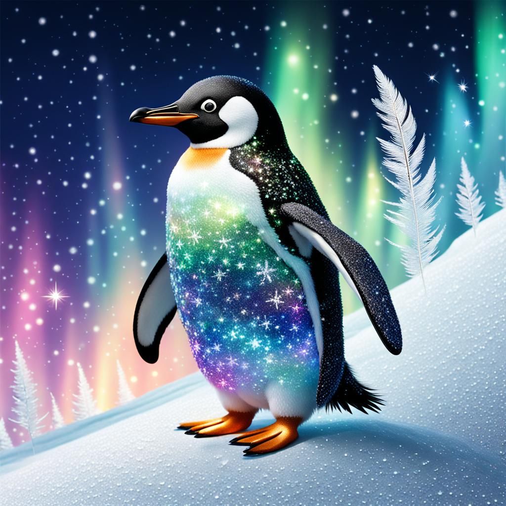 Glittery Penguin Sliding Under Aurora Borealis