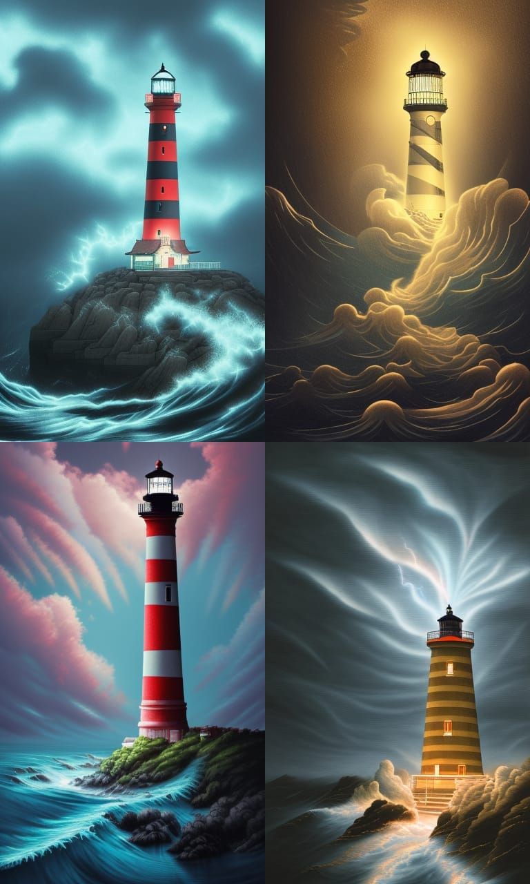 Lighthouse in Storm, Japanese Art Style