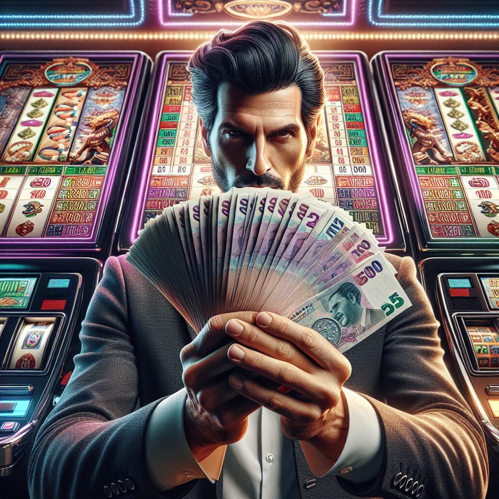 Victorious Man with Cash Prize in Colorful Casino