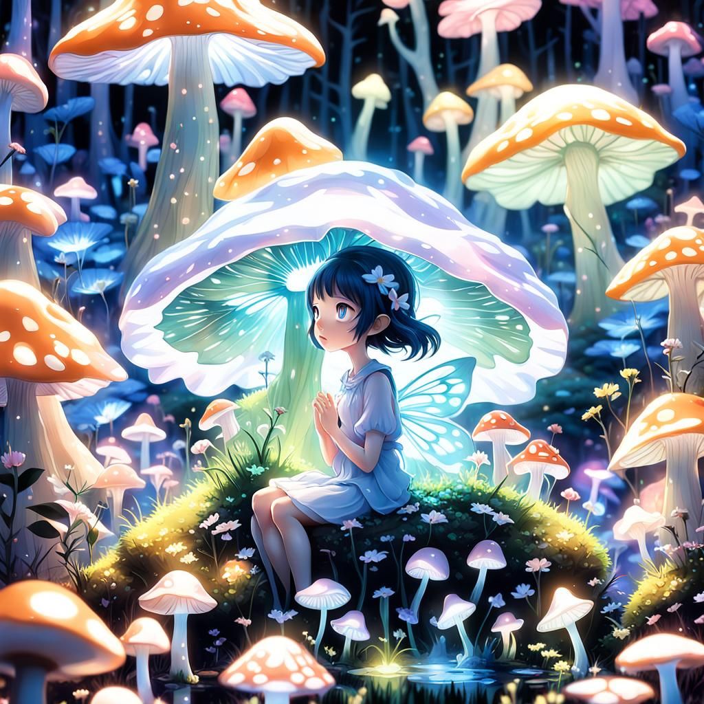 Anime Flower Fairy in Bioluminescent Mushroom Forest