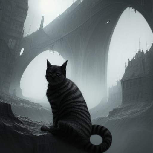 Hooded Cat in Morning Fog: Detailed Matte Painting