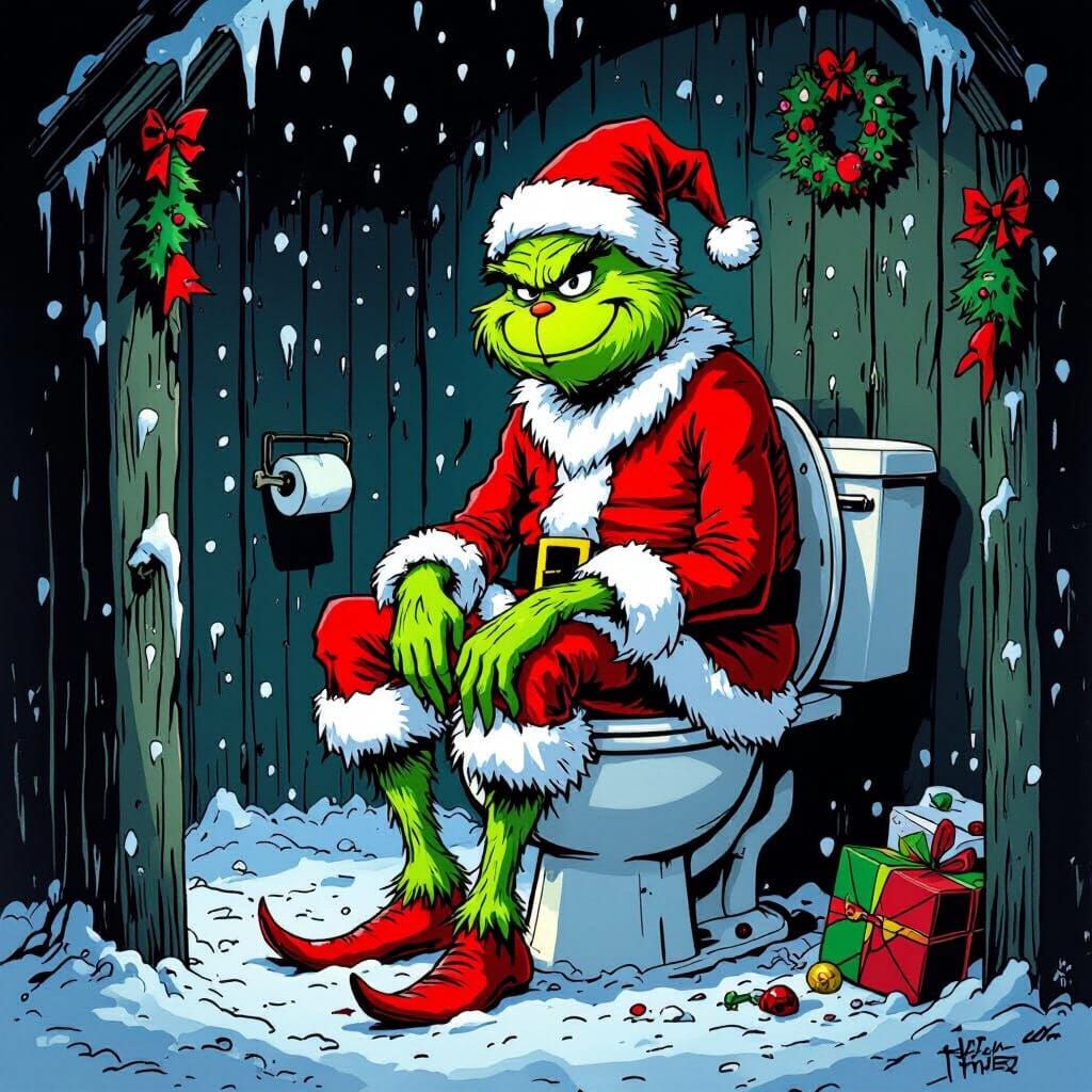 Grinch on Outhouse Throne in Dr. Seuss Style