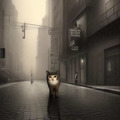 Film Noir Cat in Rainy Sepia Street