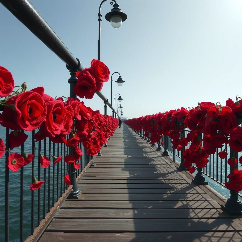 Southend Pier Covered in Thousands of Red Yarn Poppies