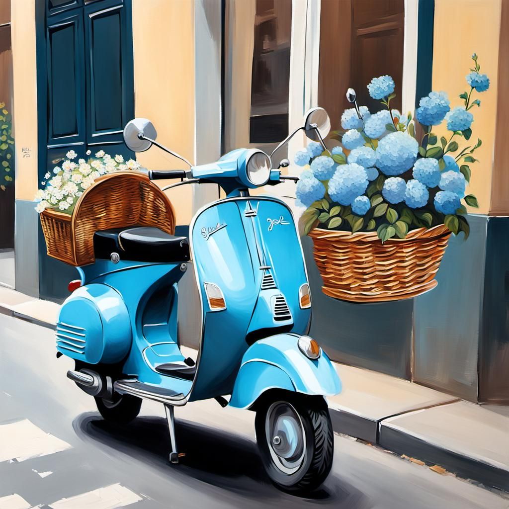 Oil painting of vespa with a basket of flowers,  sunny day, intricate details, soft air brushing, elegant, simple, cheer...