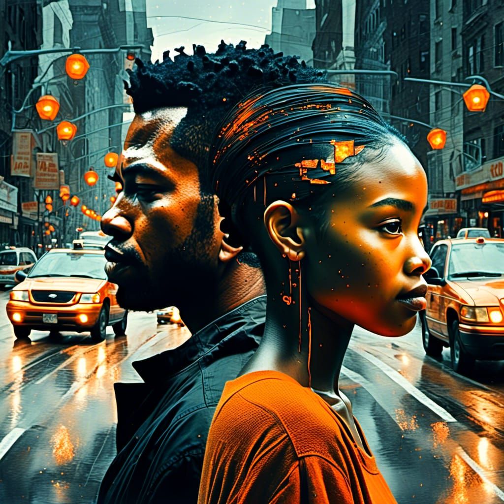 Melancholic City Encounter in Double Exposure Style