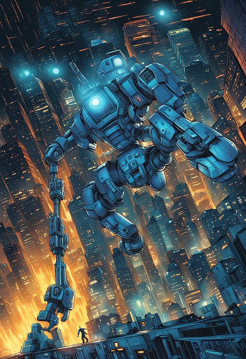 Strong Robot in Metallic Cityscape Comic Art