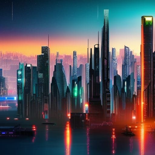 Cyberpunk Cityscape at Night with Neon Lights