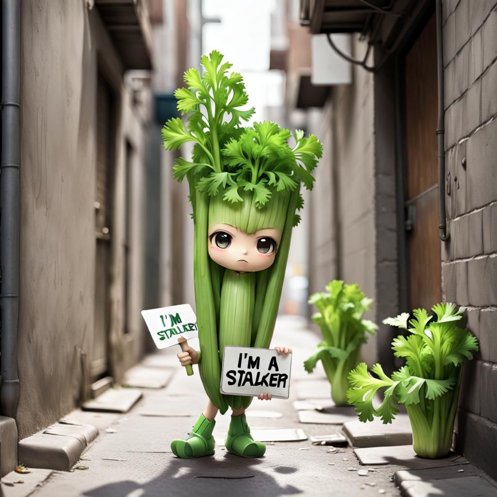 Chibi Celery Stalk Stands in Alleyway